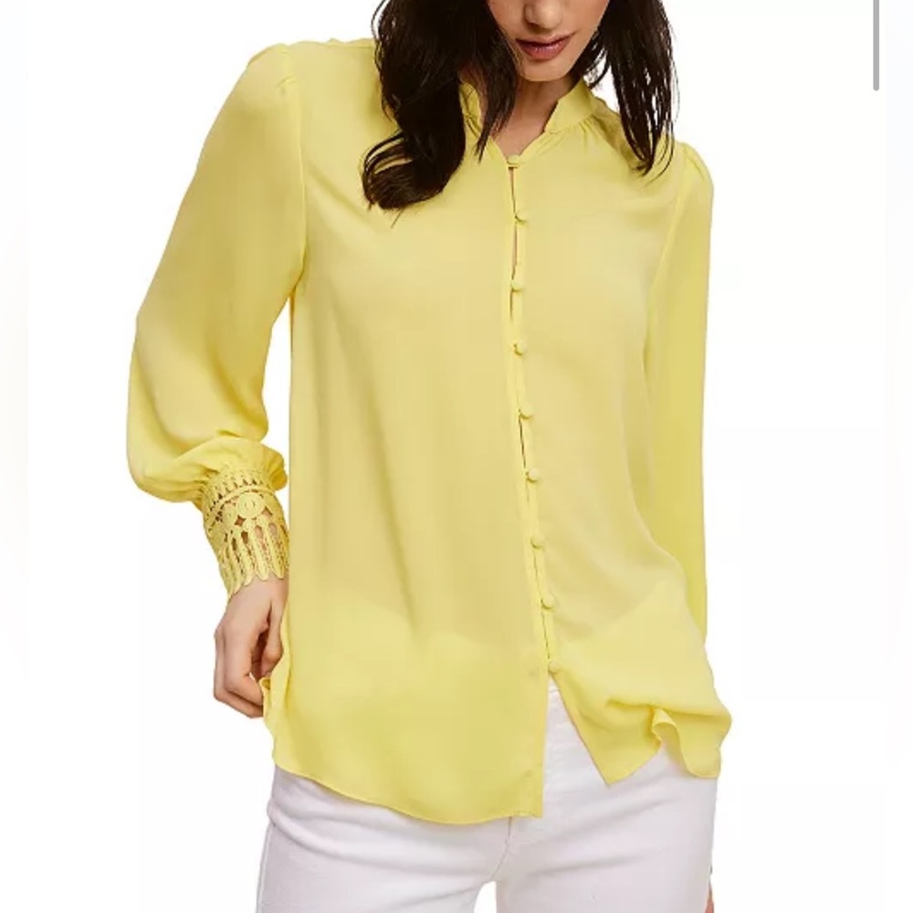 Fever Women’s Solid Soft Crepe Blouse With Lace Cuff In Yellow Cream Size M